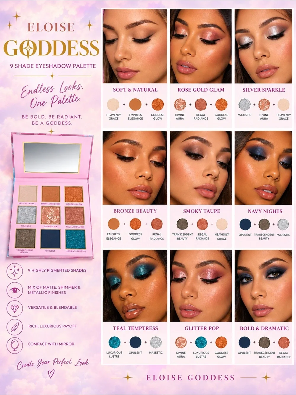 Eloise Beauty Goddess Eyeshadow Palette 9 Shade NIB Matte Shimmer Metallic